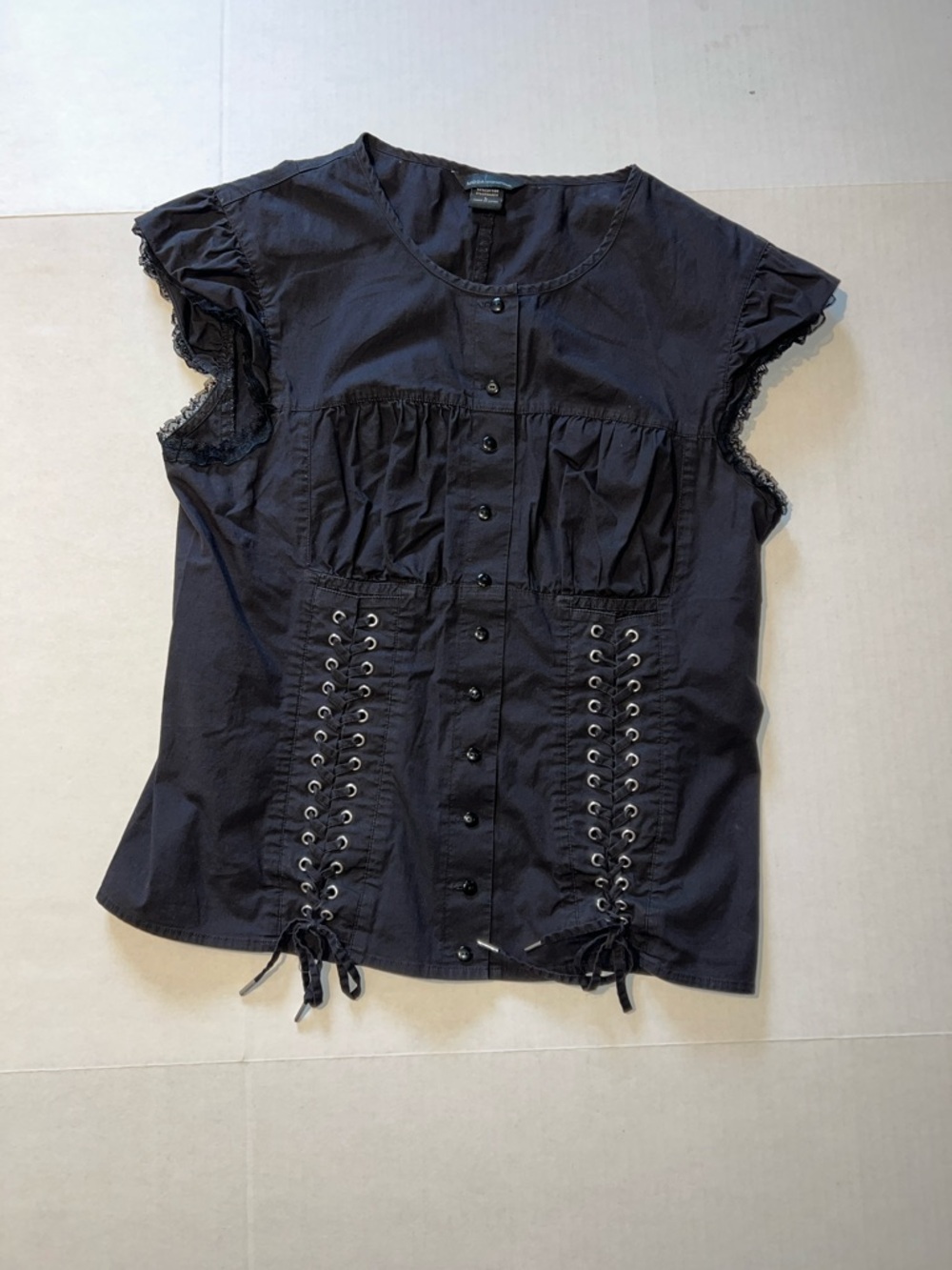 Moda International Black Lace-Trim Button Front Blouse with Corset Lacing Large - Picture 9 of 12